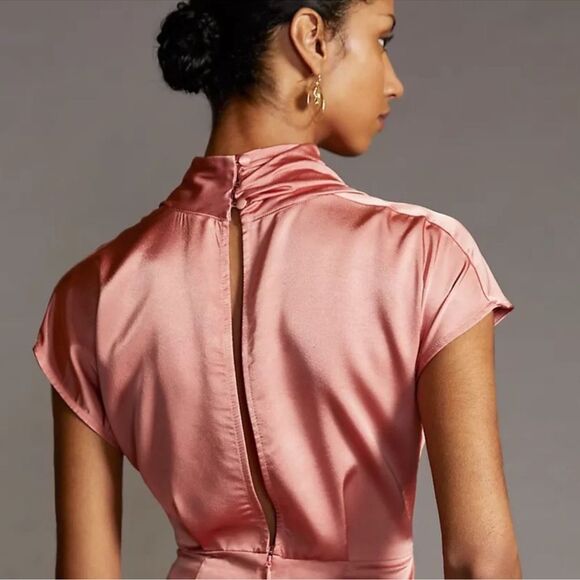 Anthropologie Ruched Asymmetrical Satin Mini Dress NEW Size 2 in Coral Pink - Picture 5 of 14